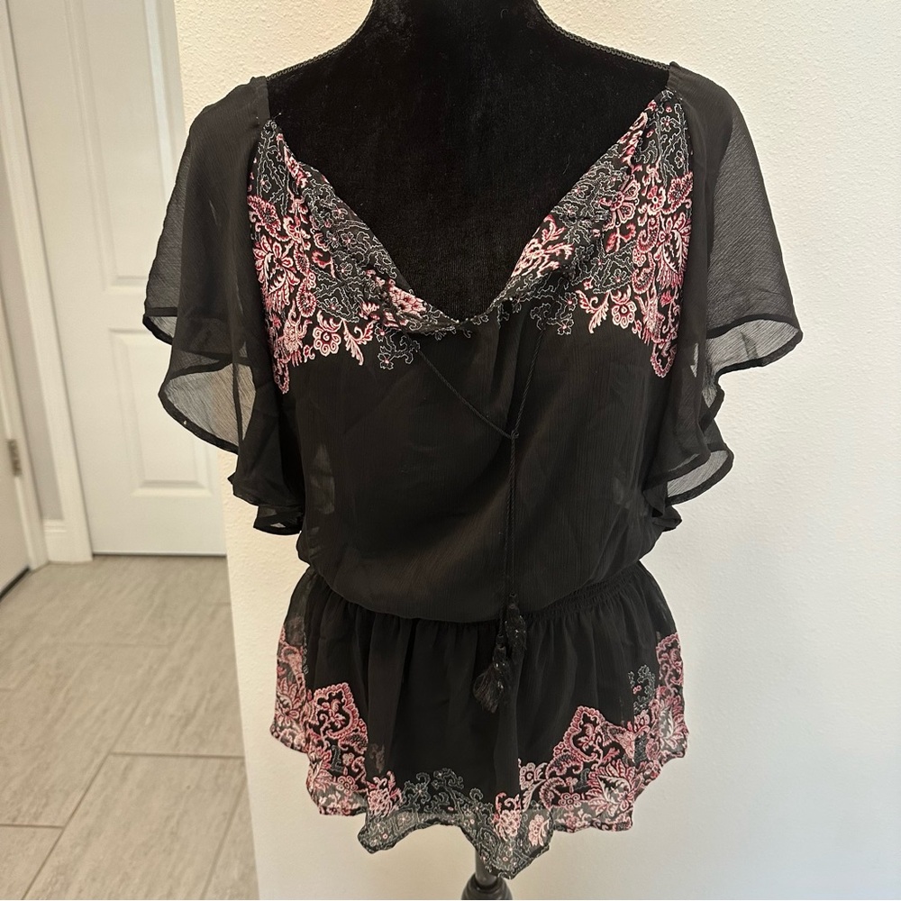 Guess Black Short Sleeve Sheer Top